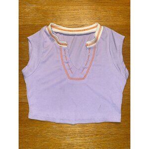 Vintage Style Lavender Ribbed Crop Top With Orange Stitching & Contrast Collar